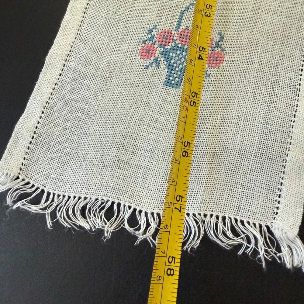 Vintage Cross Stitch Linen Table Runner Blue Pink Floral Bird Fringed Trim